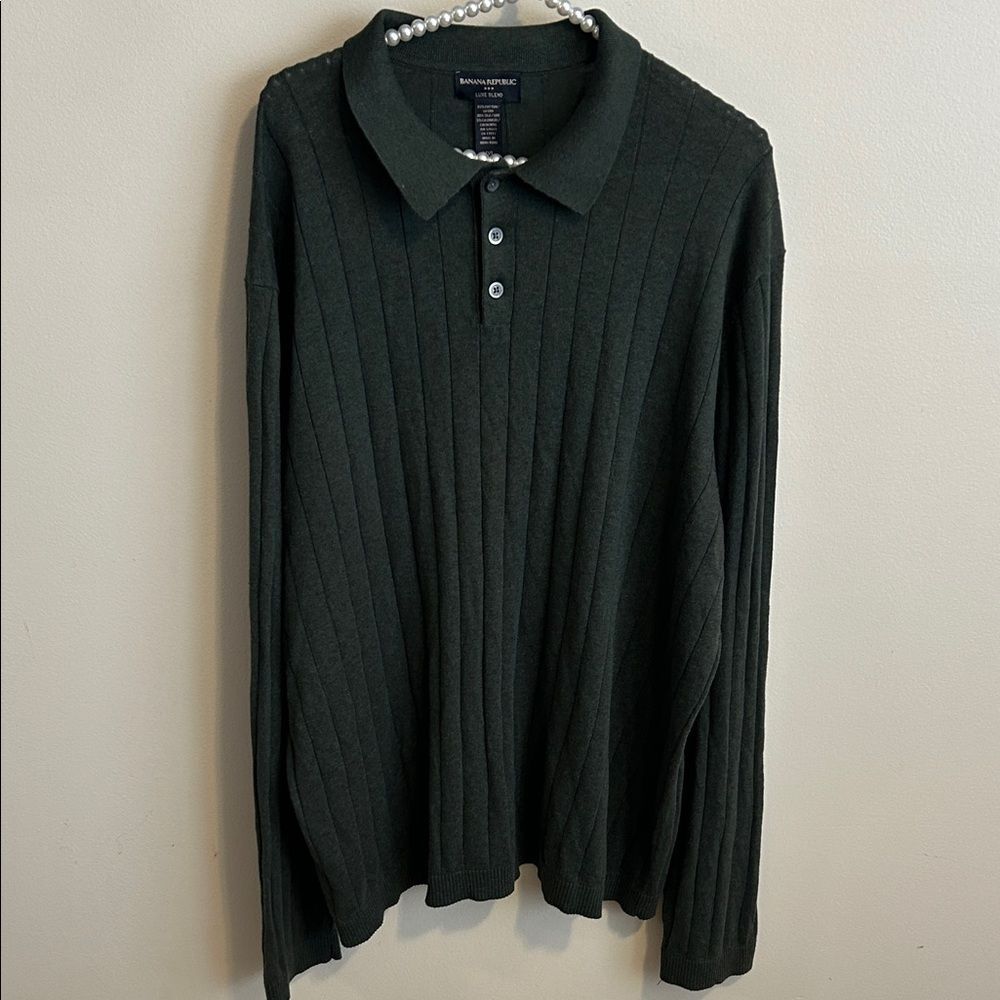 Banana Republic Men’s Luxe Blend Dark Green Long Sleeve Ribbed Polo. Size XXL